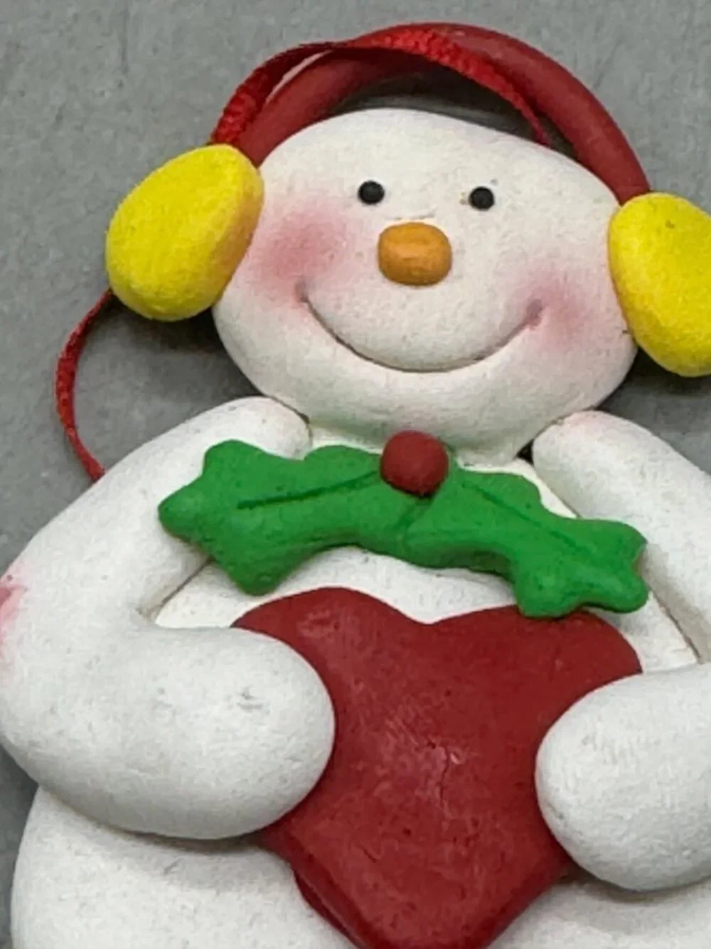 Handmade Christmas Clay Snowman Holding Red Heart Ornament 3